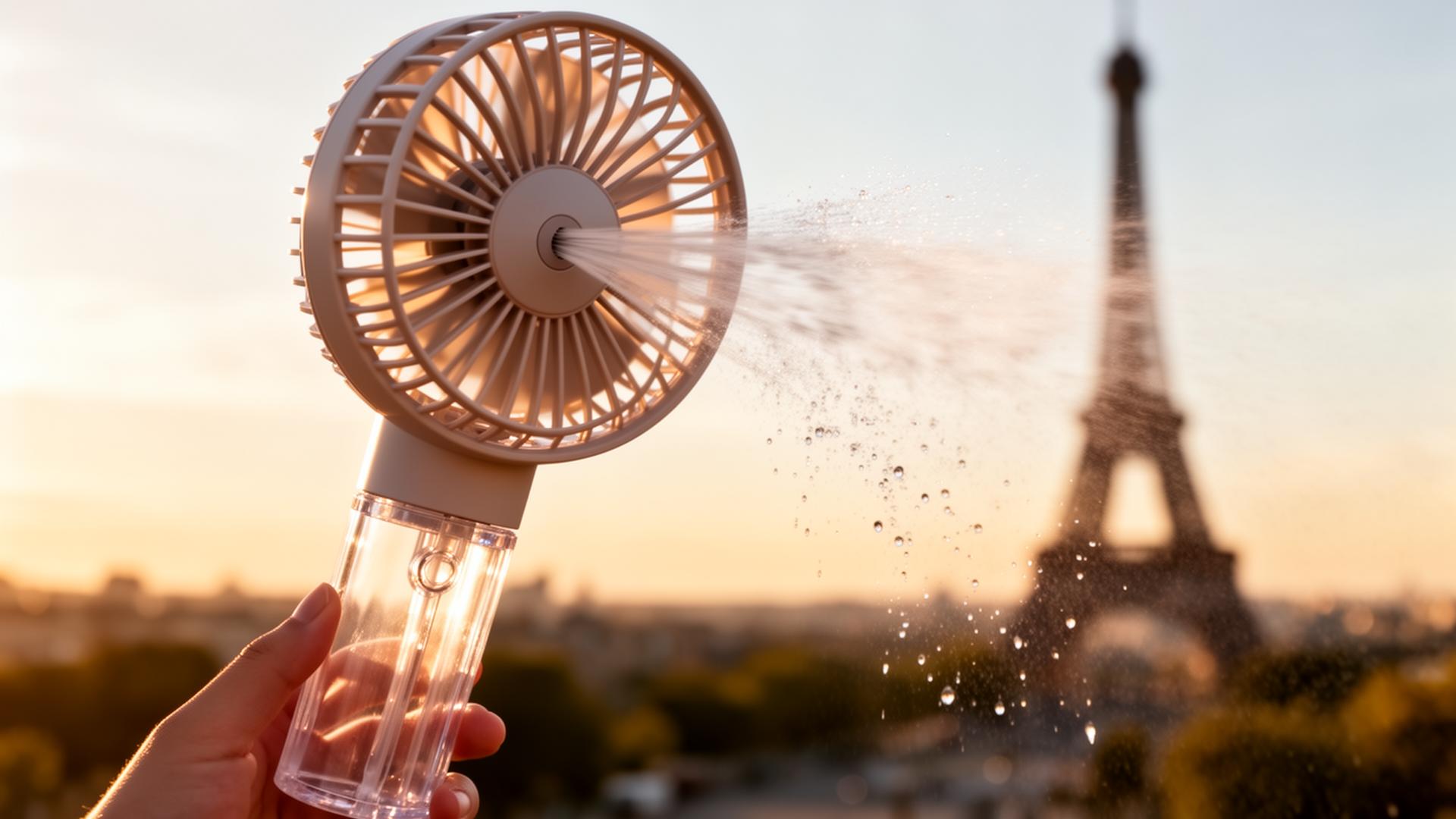 Paris Breeze handheld fan in front of the Eiffel Tower